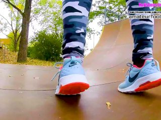 Katis Nike shoeplay, dipping, dangling with sweaty nylons_Nikes, insoles, stinky feet