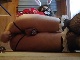 Cosplay Bunny Trap in Chasity plays with Glass Dildo