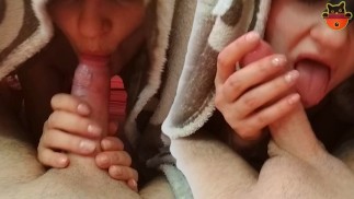 Brother caught slutty stepsister sucking his morning wood but kept silence to cum in mouth