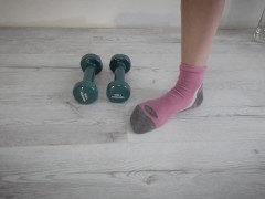 Sexy workout in my pink socks, pumped up my ass and pussy, close-up