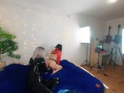 Preview 3 of Backstage of pretty lesbian fetish girls doing sex video. Positive Femdom, sex play, latex leather