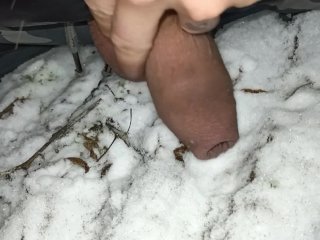 Touching snow with cock , pee and cum in snow
