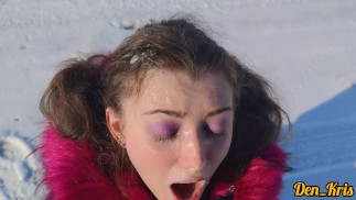 beautiful blowjob on a sunny frosty day from a beauty with blue eyes all face covered with sperm