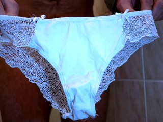 Man in black thong and cum onwhite satin panties with bows EWANA 10