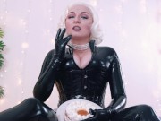 Preview 2 of Humiliatrix FemDom POV Video. Latex Rubber, Dirty talk, Food Fetish, Giantess Fetisch. Wet and Messy