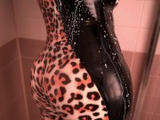 Preview 3 of Latex Rubber Leopard Print Catsuit and Milk in The Bath. Curvy Fetish Milf Teasing.