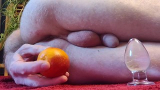Stretching my ass with glass plug, anal inflatable plug.  Then the ass swallowed the orange.( Part 1