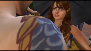Sex on a chess table under an umbrella with a red-haired girl | Porno Game 3d