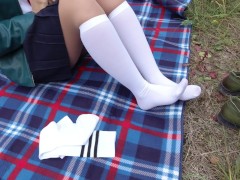 Video Schoolgirl in White Knee Socks changes socks tights pantyhose nylon under skirt