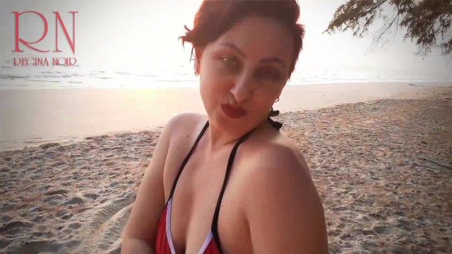 Nice Lady at Lonely Nudist Beach. Red Swimsuit. Red Bikini. Coconut has Vagina!