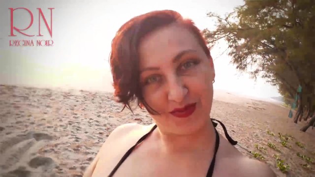 Nice Lady at Lonely Nudist Beach. Red Swimsuit. Red Bikini. Coconut has Vagina!