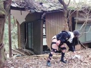 Masturbation perverted transgender tearing clothes in an abandoned house in the forest.