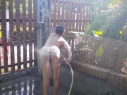 Preview 5 of Nice lady housewife get a shower with garden hose. The girl really likes such a summer garden shower