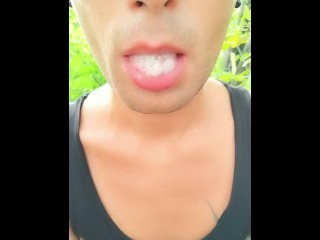 Showing Cum in Mouth after Blowjob Outdoor and Cum Swallowing