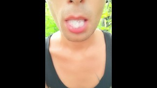 Showing cum in mouth after blowjob outdoor and cum swallowing