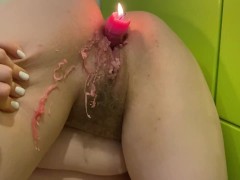 Video A. Sky Slave inserted a burning candle into her pussy, wax drips on hairy pussy and legs!