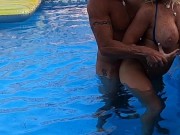 Preview 3 of Hooters Stepmom fucks Fit older Son before sucking out huge FACIAL in pool