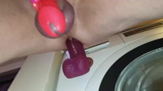 While I'm In Chastity I'm Being Fucked By Dildo Who Is Stuck To The Spinning Washing Machine