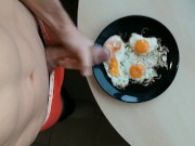 Preview 3 of Kozzy makes breakfast and cumming on food, tasty cum