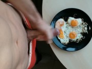 Preview 4 of Kozzy makes breakfast and cumming on food, tasty cum