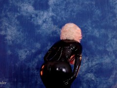 Shiny Latex Rubber Catsuit Curvy Milf. Dominatrix Thigh High Over Knee Boots Corset 4k
