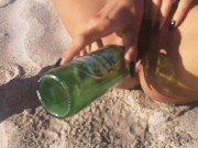 Preview 2 of Lucky Heineken bottle found at the beach got into my Juicy Pussy. Do you like my pissed lingerie?