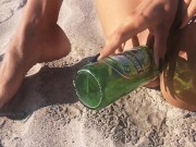 Preview 4 of Lucky Heineken bottle found at the beach got into my Juicy Pussy. Do you like my pissed lingerie?