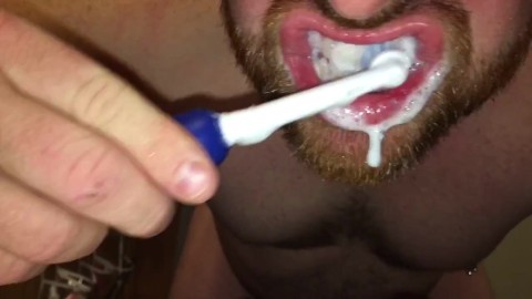 Cum watch the foaming action of my Cum as toothpaste while brushing my teeth with a Oral-B Spinbrush