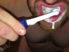 Cum watch the foaming action of my Cum as toothpaste while brushing my teeth with a Oral-B Spinbrush