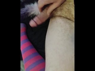 Horny slut in knee highs with a plug tail cums closeup