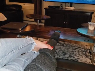 Sexy feet and jeans with toe rings and red polish 