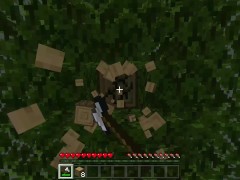 Chopping down a tree with my rock hard axe in Minecraft