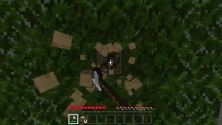 Cortando un árbol con mi hacha dura de roca en Minecraft