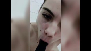 Blowjob in shower black dildo