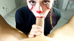 Косплей на Хэллоуин "IT" глубокая глотка настоящая и глотать сперму!!! -Апрельбигас-