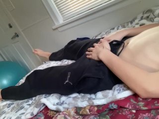 Horny boy takes off his pants and underwear and jerks off