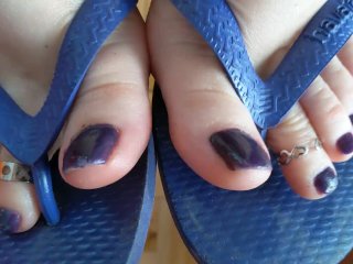 Dirty Footjob with Adorned Feet (toe Rings, Anklet, Purple Nail Polish) + Cum Show in FlipFlops