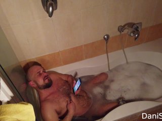 Hairy gay male bear getting horny in the bathroom.  cum in the bathroom - nipple play