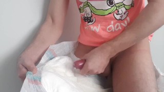 Diaper Sissy Boi PIssing and Sticky Cummies in Diaper