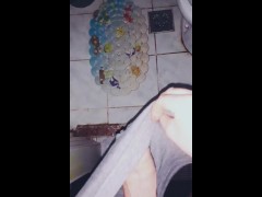 Video Dick flash and huge hands free cumming in mall public toilet