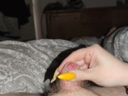 Preview 1 of His little cock gets a long yellow nails handjob with cumblast to the lens *cum eruption*