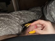 Preview 3 of His little cock gets a long yellow nails handjob with cumblast to the lens *cum eruption*