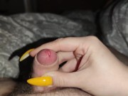 Preview 5 of His little cock gets a long yellow nails handjob with cumblast to the lens *cum eruption*