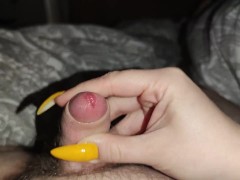 His little cock gets a long yellow nails handjob with cumblast to the lens *cum eruption*