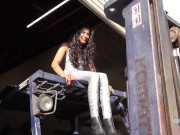 Preview 5 of She climbs a forklift and Pedal Pumps in Sexy Tights with Boots