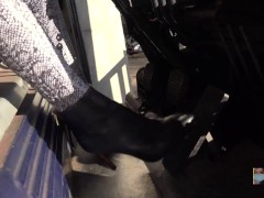She climbs a forklift and Pedal Pumps in Sexy Tights with Boots