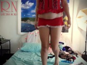 Preview 6 of Young whore without panties trying on a short red skirt and erotic corset