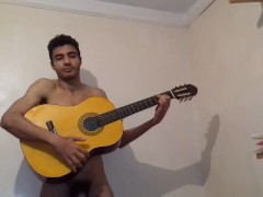 Naked man playing guitar after fucking and riding his boy friend