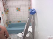 Preview 3 of Bodybuilder's Uncut Dick Stroked In Bathroom (BTS Footage) - Maskurbate