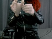 Preview 1 of Leather biker tgirl get penetrated doggystyle by fuck machine l latex gloves l no face l wet play